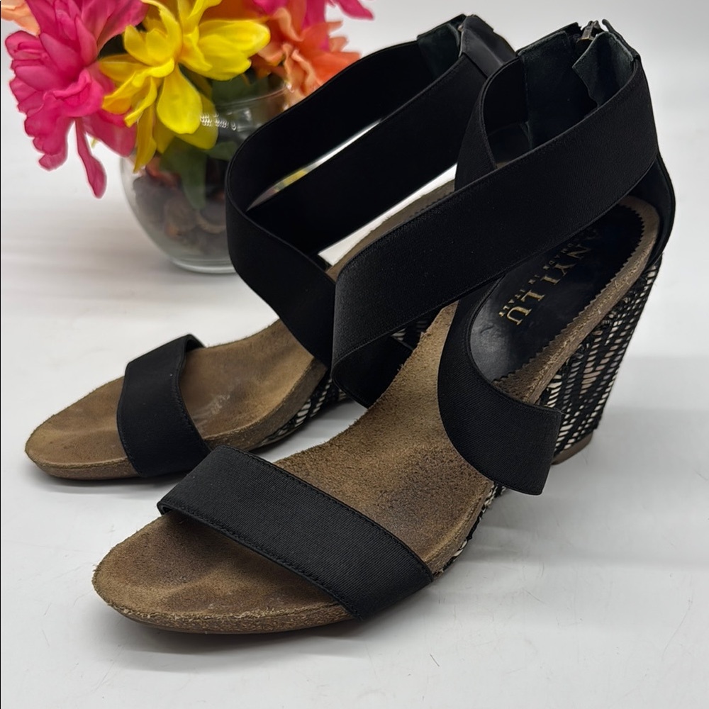 Anyi Lu Black and Brown Wedge Sandals with Leather Straps Made in Italy BSN7997B